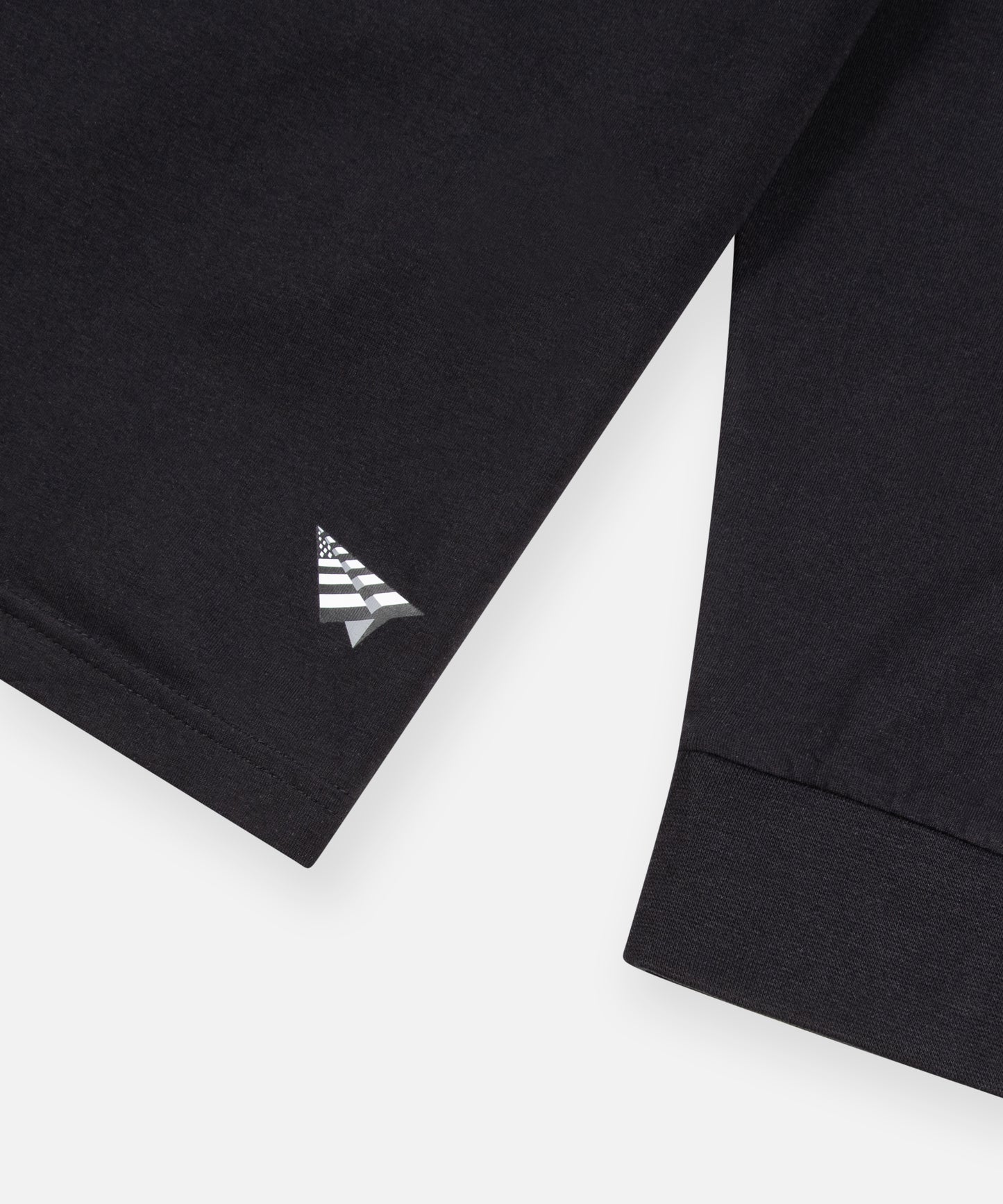 CUSTOM_ALT_TEXT: Heat transfer plane logo above left hem on Paper Planes Essential Long Sleeve Tee, color Black.