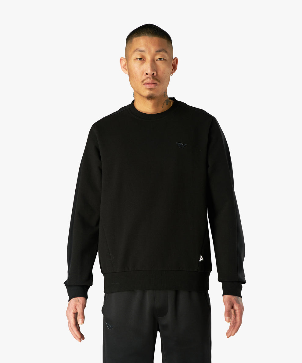 CUSTOM_ALT_TEXT: Male model wearing Paper Planes Chromatic Crewneck Sweatshirt color Black.