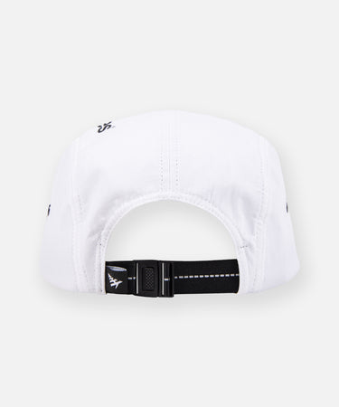 CUSTOM_ALT_TEXT: Back strap with buckle on Paper Planes Camper 5-Panel Hat color White.