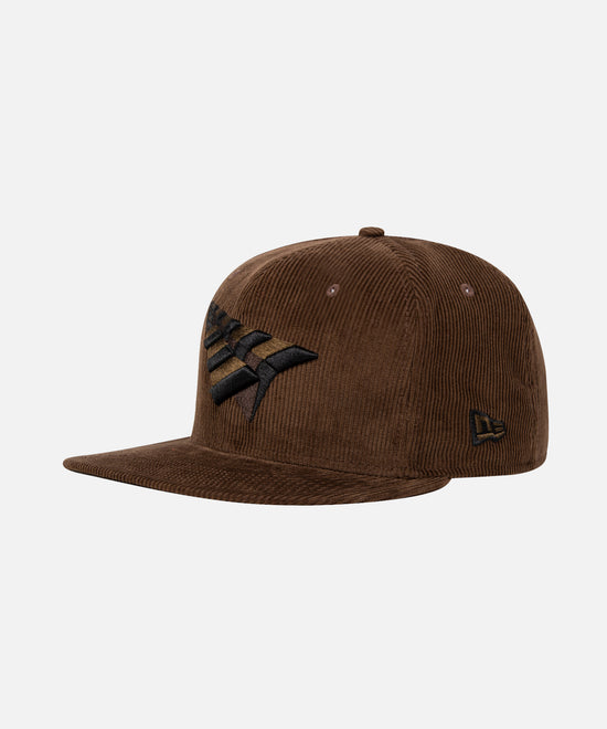 CUSTOM_ALT_TEXT: Paper Plane and New Era embroideries on Paper Planes Corduroy Crown 59Fifty Fitted Hat, color Brown Suede.