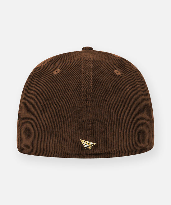 CUSTOM_ALT_TEXT: Plane metal rivet  on back of Paper Planes Corduroy Crown 59Fifty Fitted Hat, color Brown Suede.