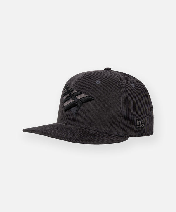 CUSTOM_ALT_TEXT: Paper Plane and New Era embroideries on Paper Planes Corduroy Crown 59Fifty Fitted Hat, color Graphite.