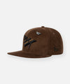 CUSTOM_ALT_TEXT: Plane embroidery and pin on Paper Planes Corduroy Crown 9Fifty Snapback Hat, color Brown Suede.