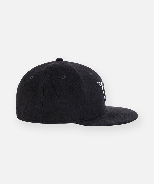 CUSTOM_ALT_TEXT: Right side of Paper Planes Wool Melton Crown 9Fifty Leather Strapback Hat, color Black.