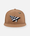 CUSTOM_ALT_TEXT: Paper Planes Wool Melton Crown 9Fifty Leather Strapback Hat, color Camel.