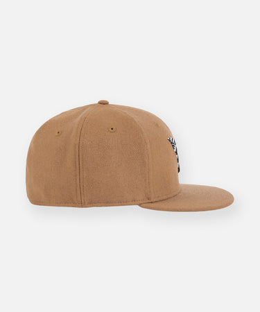 CUSTOM_ALT_TEXT: Right side of Paper Planes Wool Melton Crown 9Fifty Leather Strapback Hat, color Camel.