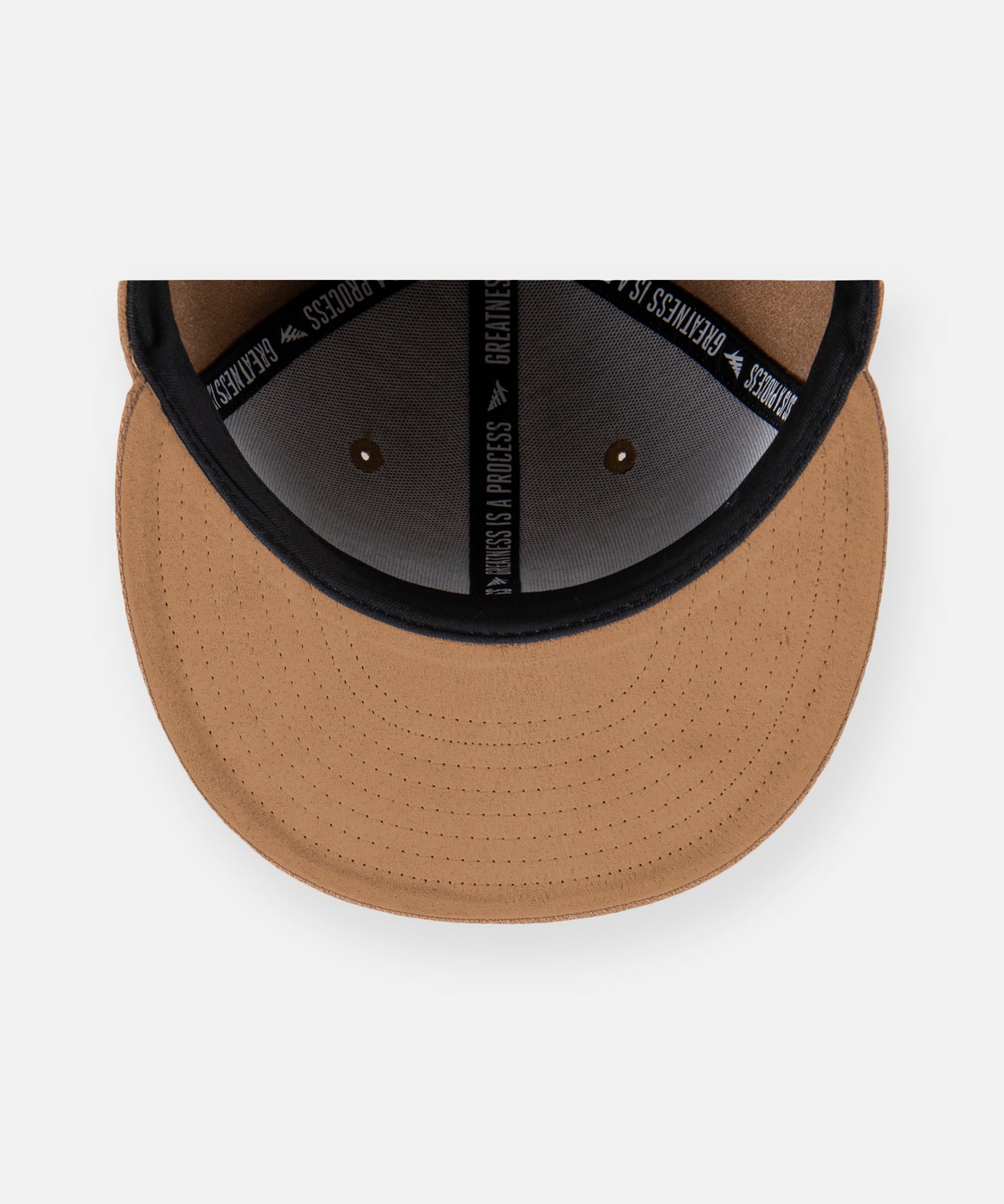 CUSTOM_ALT_TEXT: Camel faux suede undervisor on Paper Planes Wool Melton Crown 9Fifty Leather Strapback Hat, color Camel.