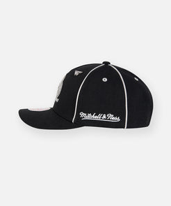CUSTOM_ALT_TEXT: Mitchell & Ness embroidery on Paper Planes PPL A-Frame Curved Visor, color Black.