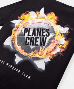 CUSTOM_ALT_TEXT: Back print closeup on Paper Planes Winning Team Tee, color Black.