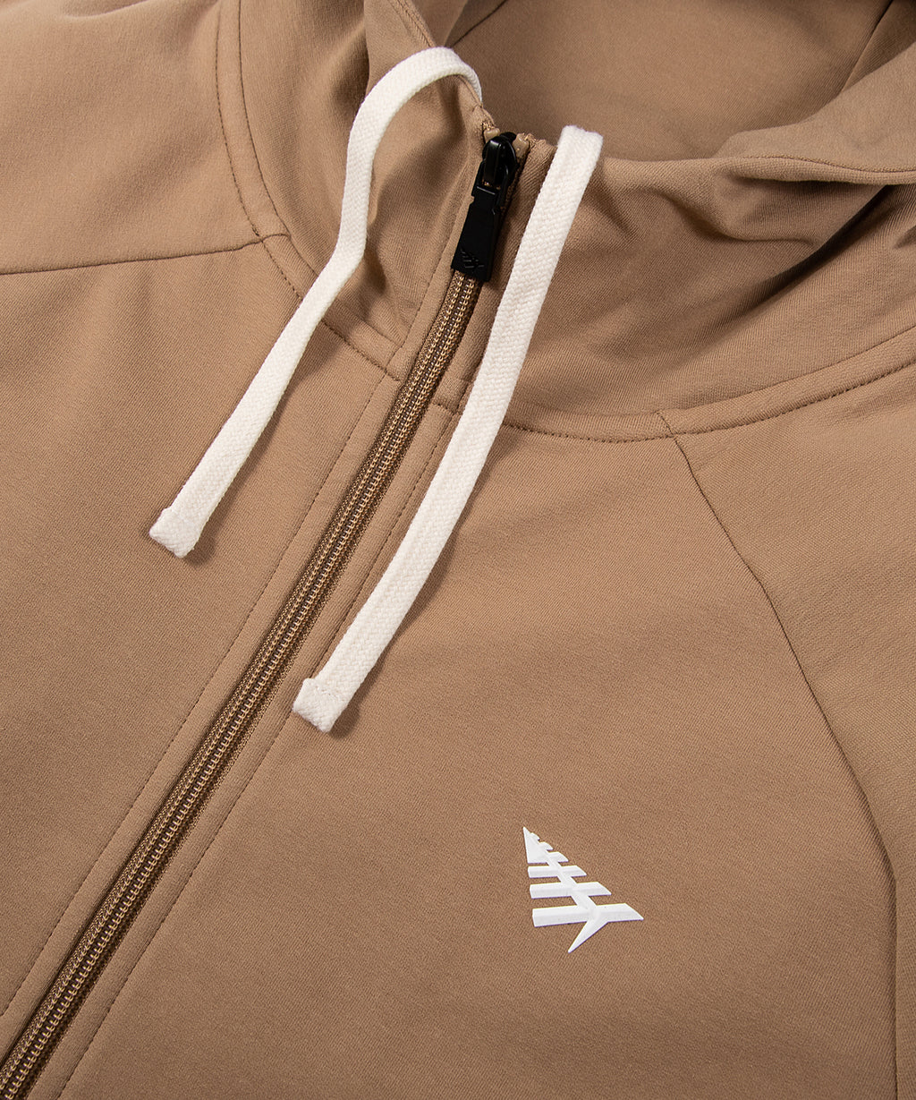  Zipper and drawcord at neck opening on Paper Planes Full Zip Hoodie, color Maple.