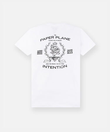 CUSTOM_ALT_TEXT: Back of Paper Planes Crown Tee, color White.