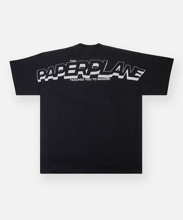 CUSTOM_ALT_TEXT: Back of Paper Planes Crossover Oversized Heavyweight Tee with reflective print, color Black.