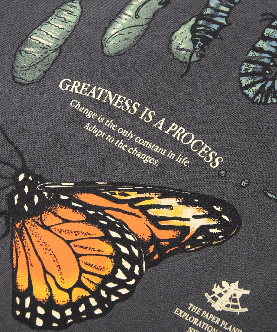 CUSTOM_ALT_TEXT: Print closeup on Paper Planes Process Heavyweight Tee, color Washed Black.