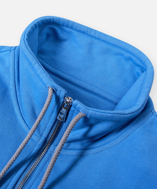 CUSTOM_ALT_TEXT: Funnel neck with drawcord and zippered opening on Paper Planes Open Hem Half Zip Sweatshirt, color Azure Blue.