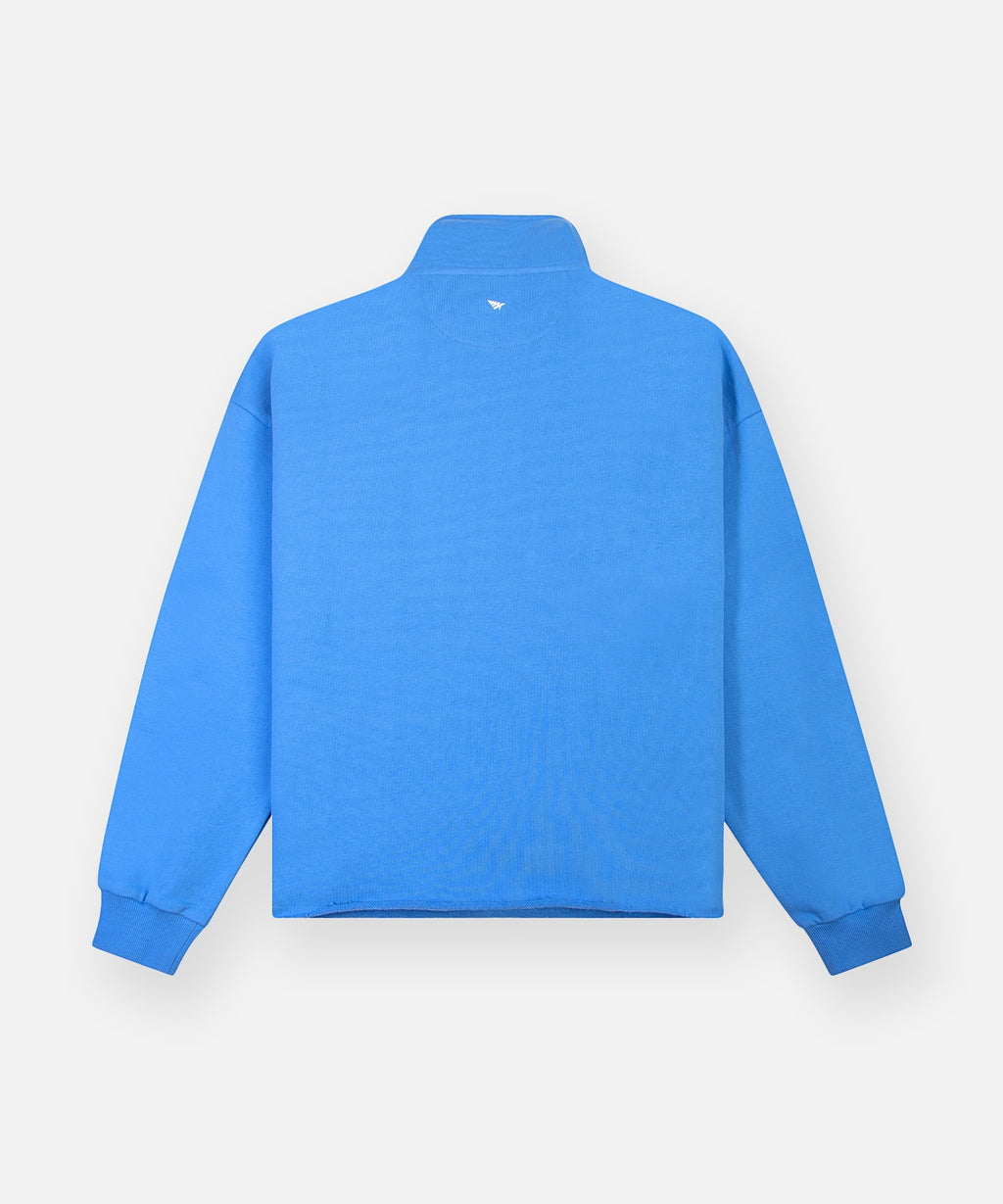  Back of Paper Planes Open Hem Half Zip Sweatshirt, color Azure Blue.
