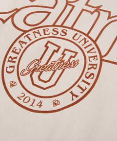  Greatness University print closeup on Paper Planes The Great Seal Crewneck Sweatshirt, color Moonbeam.