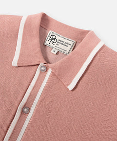  Yarn-dye tipped collar and placket on Paper Planes Sweater Bowling Shirt, color Pale Mauve.