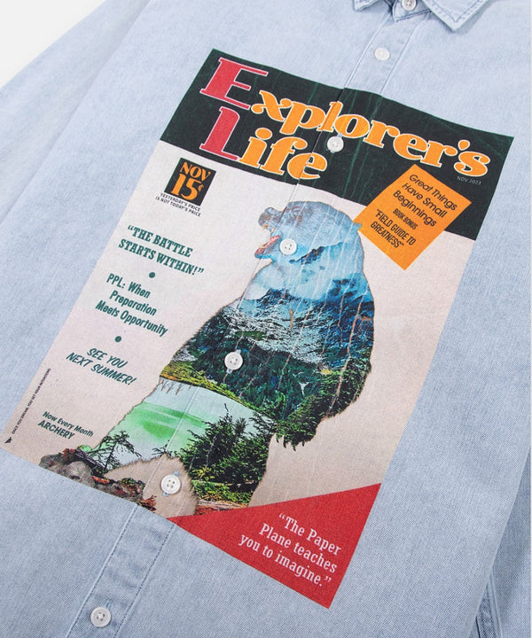 CUSTOM_ALT_TEXT: Explorer's Life print artwork on Paper Planes Explorer's Life Denim Shirt, color Light Wash.
