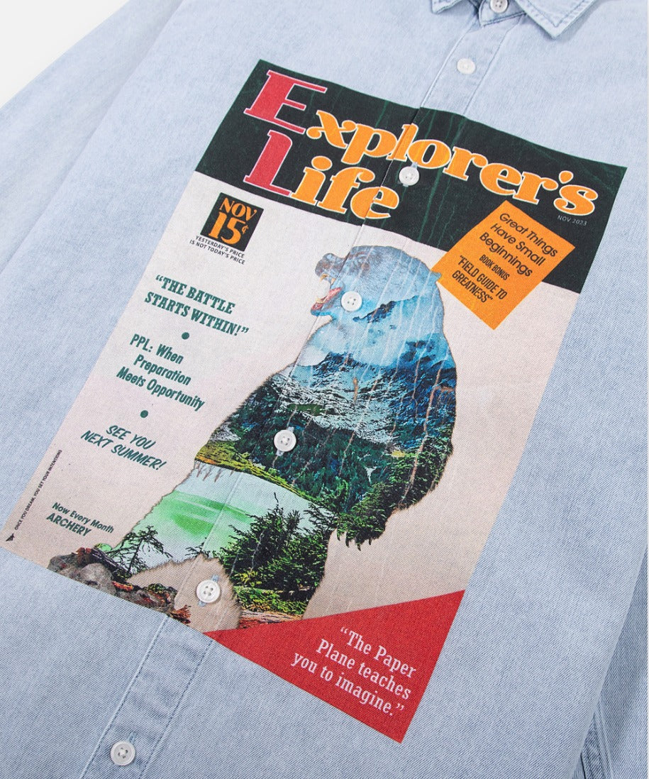  Explorer's Life print artwork on Paper Planes Explorer's Life Denim Shirt, color Light Wash.