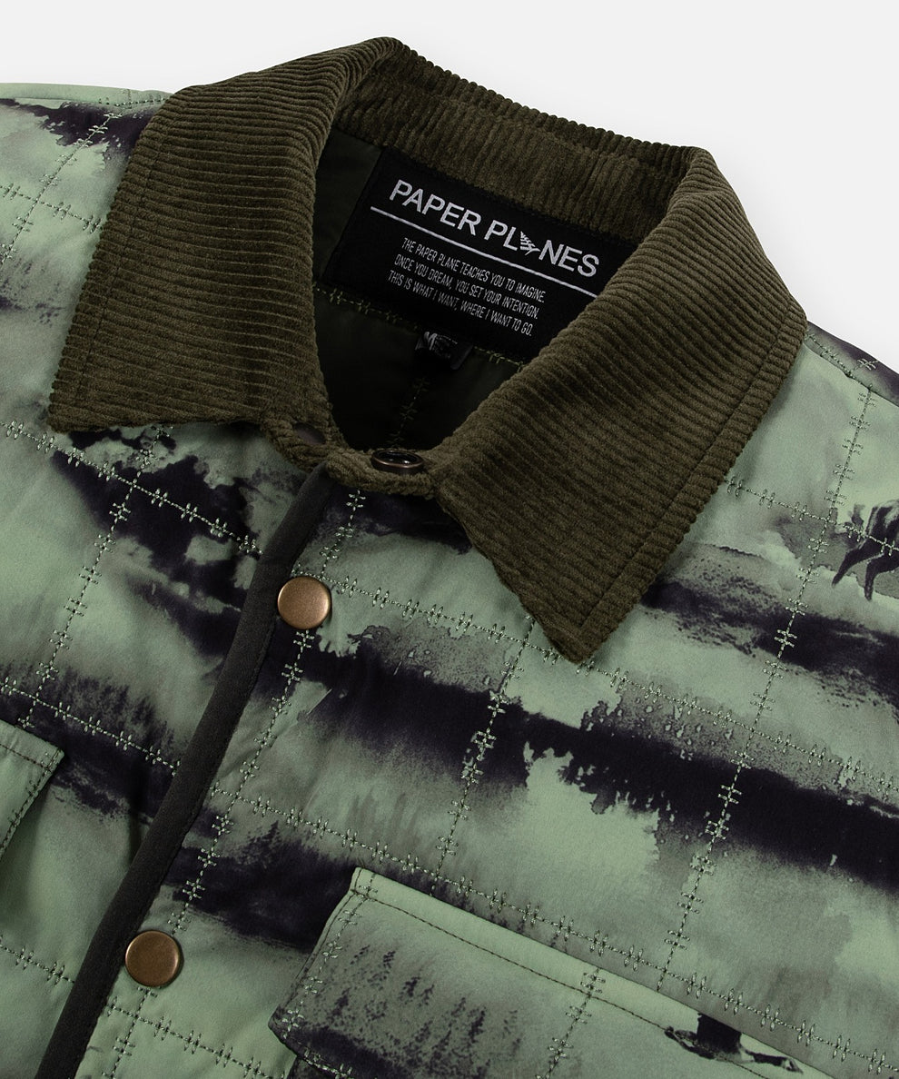 CUSTOM_ALT_TEXT: Corduroy collar and metal snap front closure on Paper Planes Into the Wild Quilted Shirt Jacket.