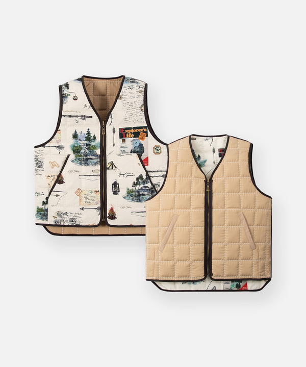 CUSTOM_ALT_TEXT: Paper Planes Explorer's Life Reversible Quilted Vest, shown in printed and solid sides.