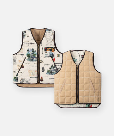 CUSTOM_ALT_TEXT: Paper Planes Explorer's Life Reversible Quilted Vest, shown in printed and solid sides.