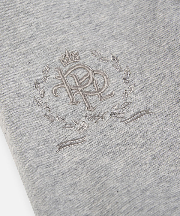 CUSTOM_ALT_TEXT: 3-D embroidered PPL crest on right thigh of Paper Planes Crest Sweatpant, color Heather Grey.