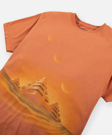 CUSTOM_ALT_TEXT: Printed artwork on Paper Planes Valley of Kings Tee, color Ginger.