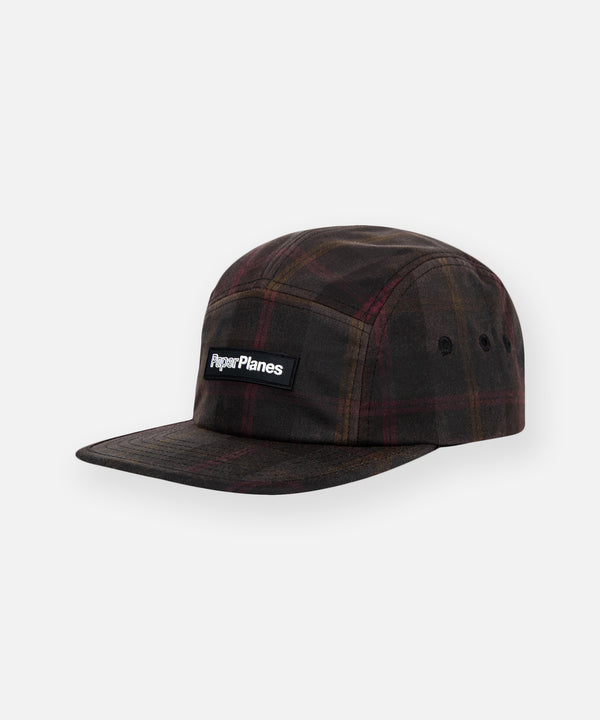 CUSTOM_ALT_TEXT: Front and left view of Paper Planes Wax Cotton Plaid 5-Panel Camper.