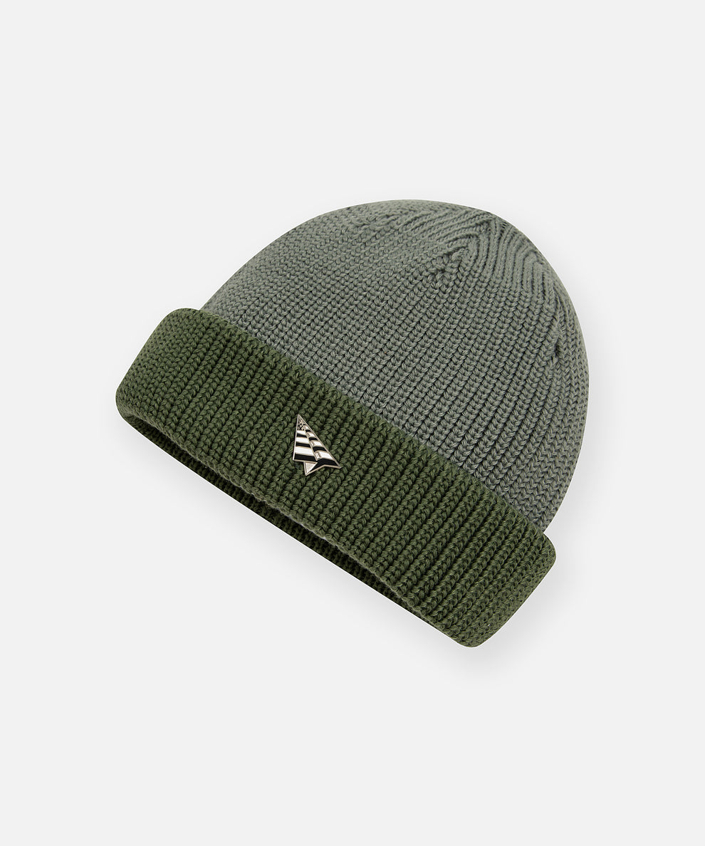 CUSTOM_ALT_TEXT: Angled view of Paper Planes Two-Tone Wharfman Beanie, color Bronze Green.