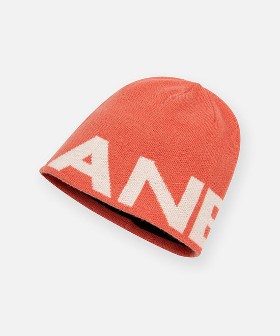 CUSTOM_ALT_TEXT: Angled view of Paper Planes Logo Beanie, color Safety Orange.