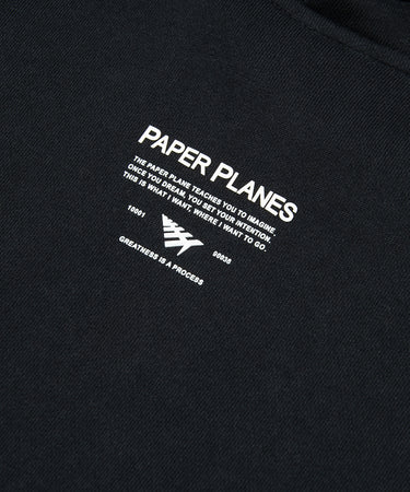 CUSTOM_ALT_TEXT: Mantra printed on Paper Planes Mantra Hoodie, color Black.
