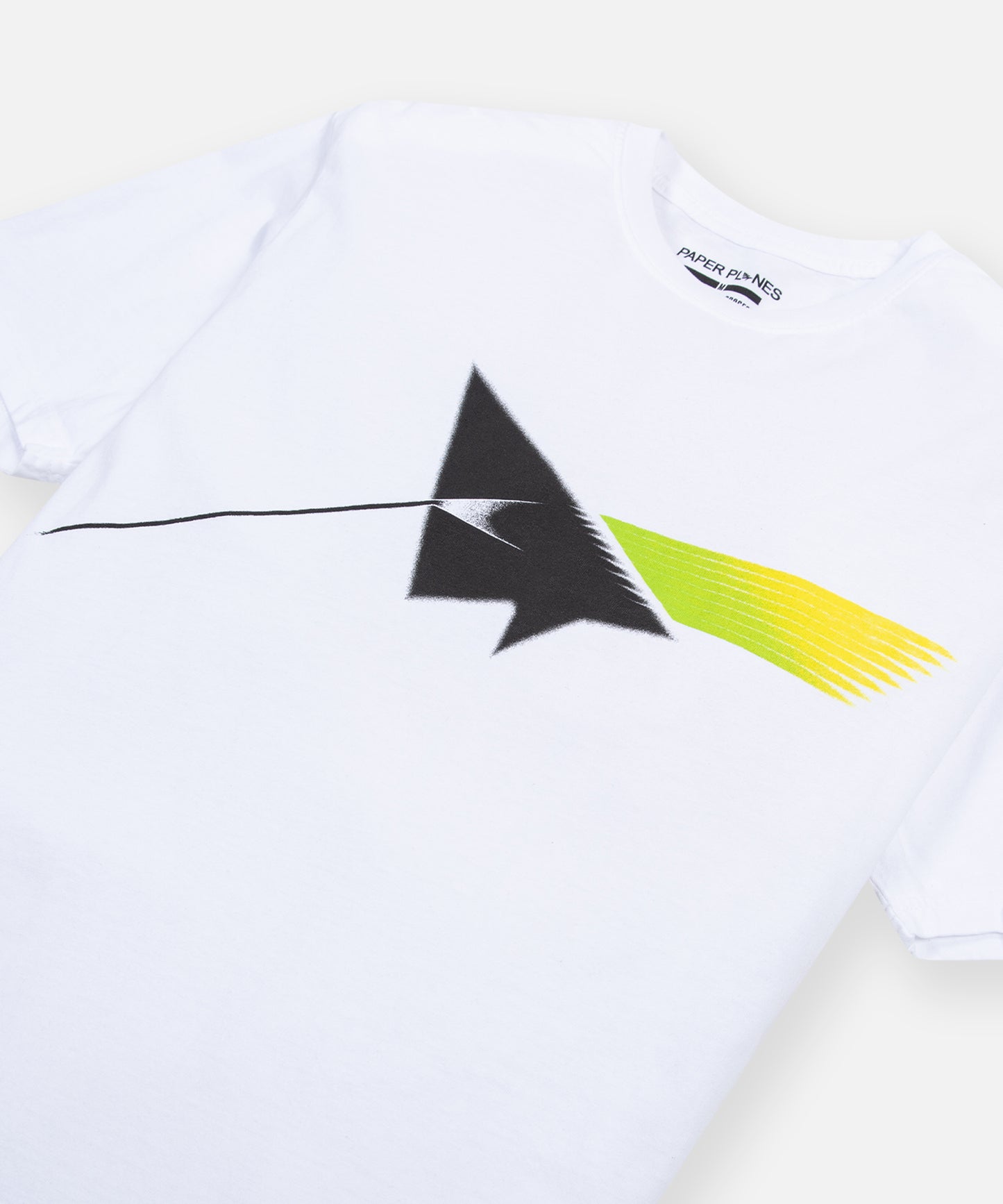 CUSTOM_ALT_TEXT: Closeup of graphic print on front of Paper Planes Infinite Tee, color White.