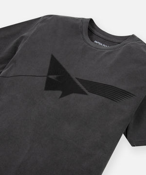 CUSTOM_ALT_TEXT: Closeup of graphic print on front of Paper Planes Infinite Tee, color Washed Black.