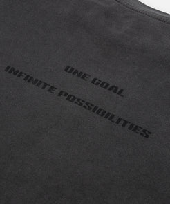 CUSTOM_ALT_TEXT: Closeup of graphic print on back of Paper Planes Infinite Tee, color Washed Black.