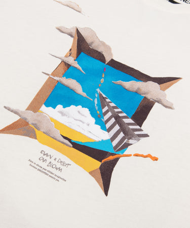 CUSTOM_ALT_TEXT: Closeup of graphic print on Paper Planes Dare to Dream Tee, color Ivory.
