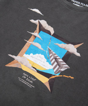 CUSTOM_ALT_TEXT: Closeup of graphic print on Paper Planes Dare to Dream Tee, color Washed Black.
