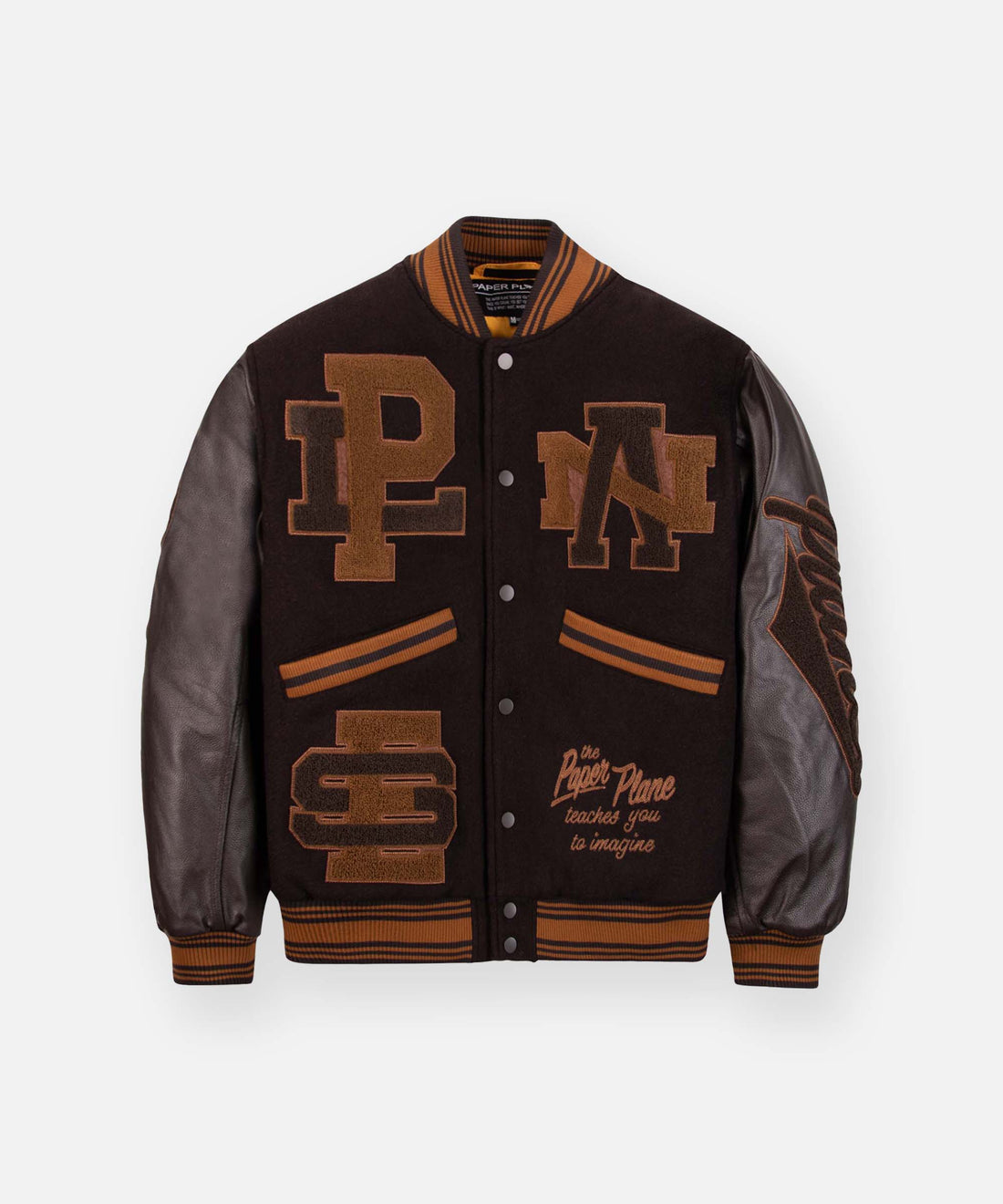 CUSTOM_ALT_TEXT: Paper Planes Eternally Greatfull Varity Jacket, color Brown.