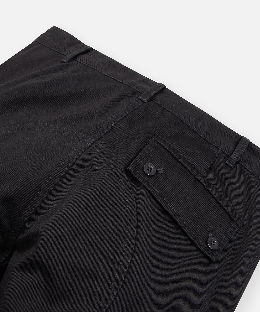 CUSTOM_ALT_TEXT: Back view with pocket and seat gusset on Paper Planes Flare Cargo Pant, color Black.