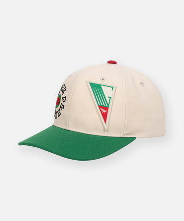 CUSTOM_ALT_TEXT: Planes woven patch and green visor on Paper Planes Unstructured Snapback Hat.