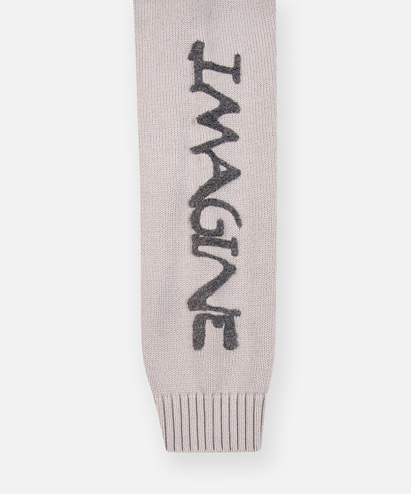 CUSTOM_ALT_TEXT: IMAGINE chenille sleeve embroidery on Paper Planes Printed Sweater Zip-Up Hoodie.
