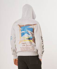 CUSTOM_ALT_TEXT: Back of male model wearing Paper Planes Printed Sweater Zip-Up Hoodie.