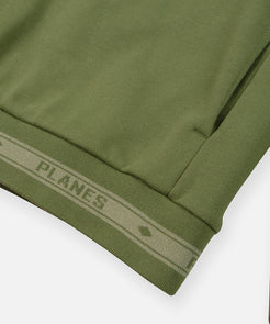 CUSTOM_ALT_TEXT: On-seam pocket and jacquard logo waistband on Paper Planes Logo Jacquard Hoodie, color Bronze Green.