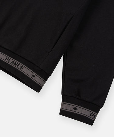 CUSTOM_ALT_TEXT: On-seam pocket and jacquard logo waistband and cuff on Paper Planes Logo Jacquard Hoodie, color Black.