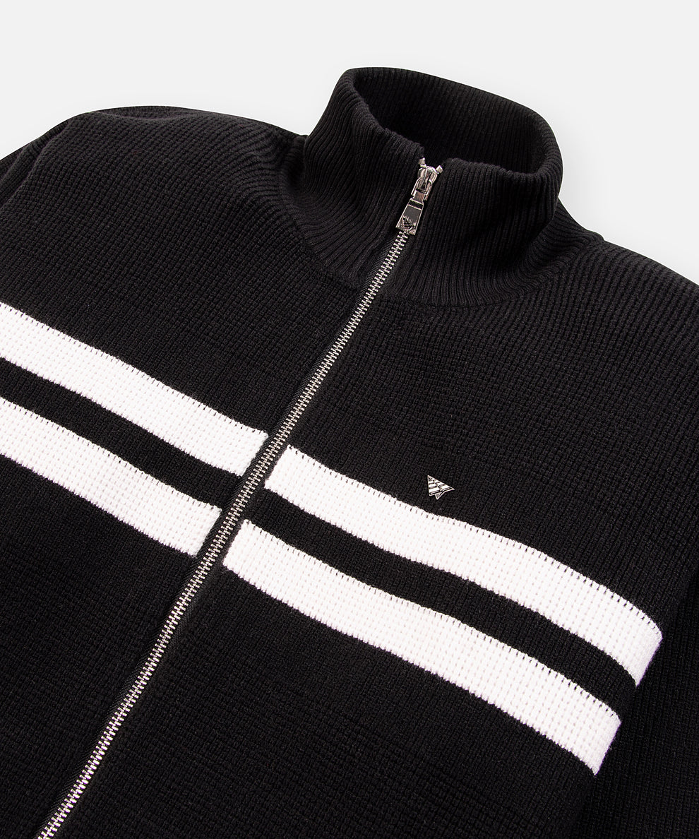 CUSTOM_ALT_TEXT: Metal zipper closure, Plane metal with enamel rivet, and engineered chest stripes on Paper Planes Sweater Track Jacket, color Black.