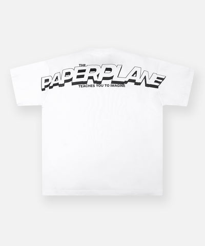 CUSTOM_ALT_TEXT: Back print on Paper Planes Crossover Oversized Heavyweight Tee, color White.