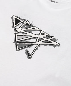 CUSTOM_ALT_TEXT: Closeup of Plane print artwork on Paper Planes Warped Tee, color White.