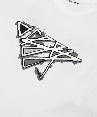 CUSTOM_ALT_TEXT: Closeup of Plane print artwork on Paper Planes Warped Tee, color White.