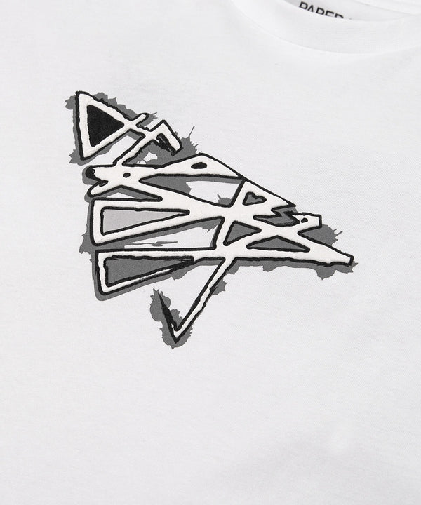 CUSTOM_ALT_TEXT: Closeup of Plane print artwork on Paper Planes Warped Tee, color White.