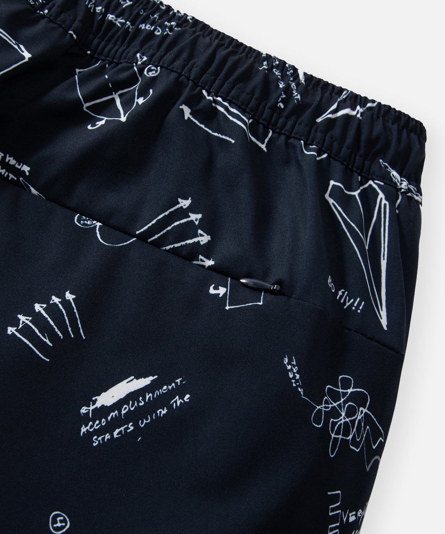 CUSTOM_ALT_TEXT: Hidden back pocket with invisible zipper on Paper Planes Sketch Print Swim Trunks color Indigo.